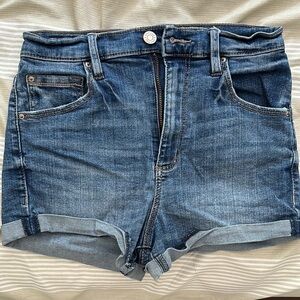 Garage Blue Jean Shorts with Raw Hem and Distressed Look